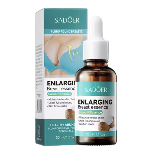 Sadoer Enlarging Breast Essence coconut essence serum bottle and packaging on plain background