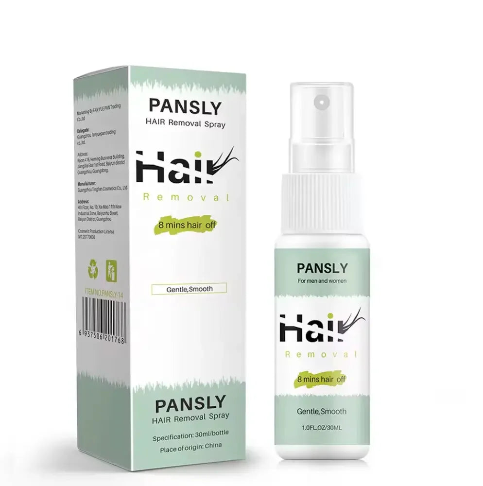 Pansly hair removal spray and box, smooth skin care product from Mamune, 30ml bottle