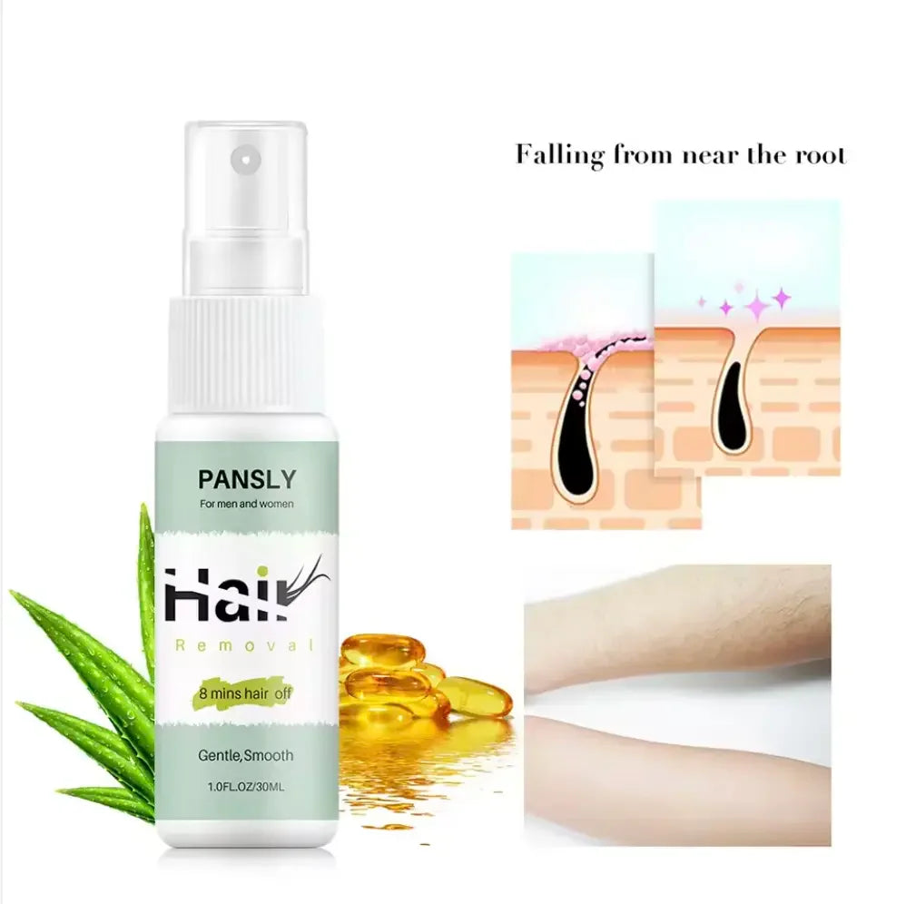 Pansly hair removal spray bottle with aloe vera, oil capsules, skin diagram and smooth leg results