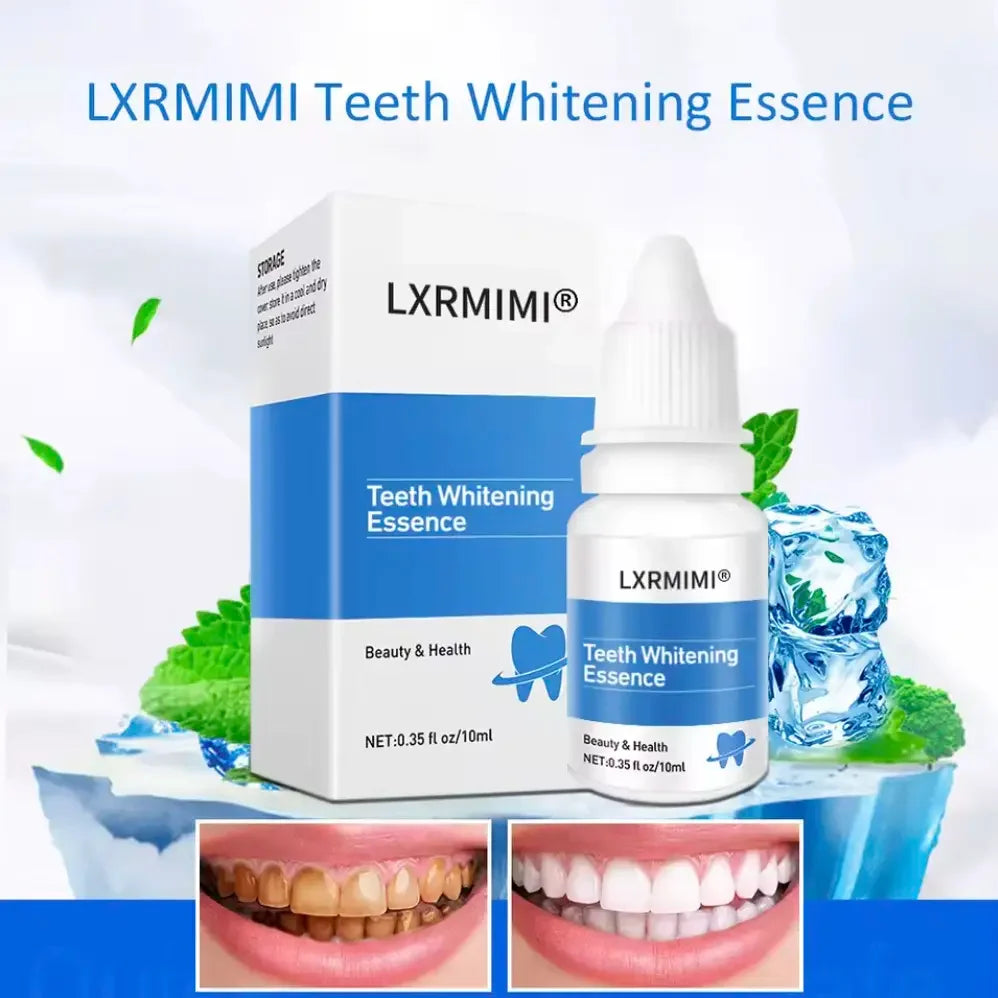 LXR MIMI Teeth Whitening Essence product with box, before and after teeth whitening results, mint and ice background