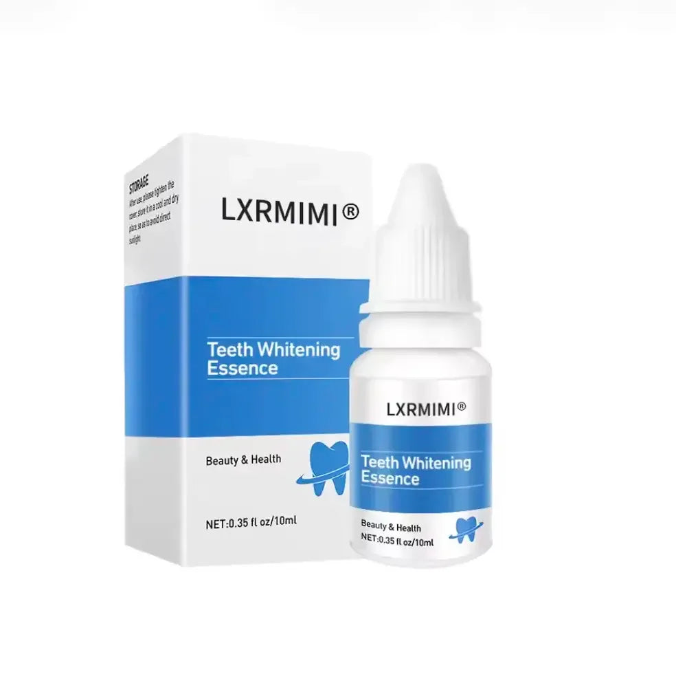 Lxrmimi Teeth Whitening Essence product box and dropper bottle on white background, Mamune